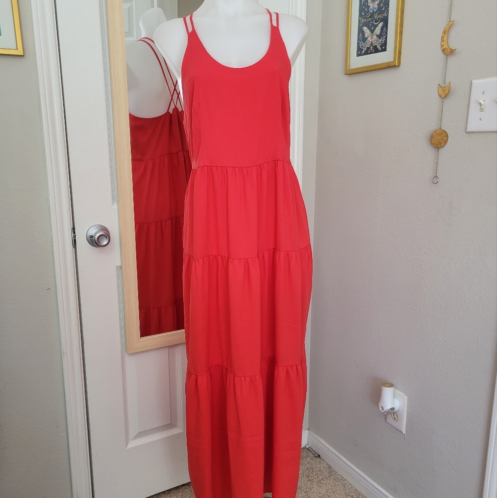 LOFT Petites Multi Tiered Strappy Maxi Dress 10P Like New Flowy Coral Lobster